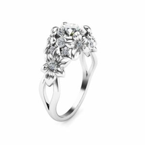 White Gold Moissanite Engagement Ring Floral Ring Art Nouveau Moissanite Ring Anniversary gift