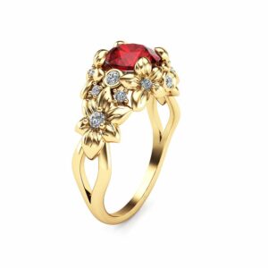 Ruby Floral Engagement Ring 14K Yellow Gold Floral Ring Unique Ruby Engagement Ring Art Nouveau Styled Ring