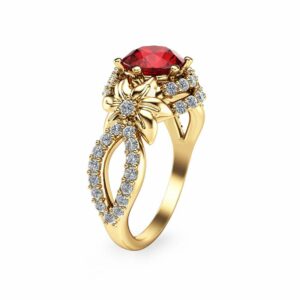 Unique 14K Yellow Gold Ruby Engagement Ring Flower Engagement ring Unique Engagement Ring-Red Ruby Ring