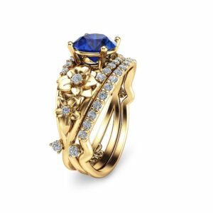 Blue Sapphire Engagement Ring Set Floral 14K Yellow Gold Rings Unique Sapphire Engagement Rings