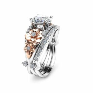 Floral Moissanite Engagement Ring Set 14K Two tone Gold Rings Unique Moissanite Wedding Rings Art Deco Engagement Rings