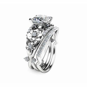Floral Moissanite Engagement Ring Set Princess Cut Moissanite Ring 14K White Gold Engagement Ring with Matching Band