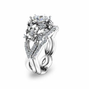 Floral Moissanite Engagement Ring Set 14K White Gold Ring with Matching Band Moissanite Engagement Rings