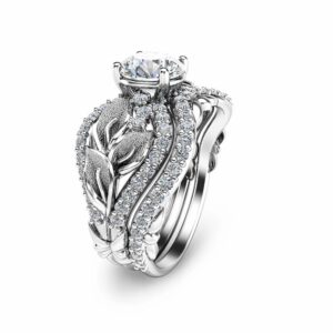 Calla Lily Moissanite Engagement Ring Set 14K White Gold Engagement Rings Unique Moissanite Rings