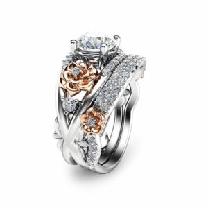 Floral Moissanite Engagement Ring Set 14K Two Tone Gold Rings Unique Moissanite Ring Art Deco Engagement Rings