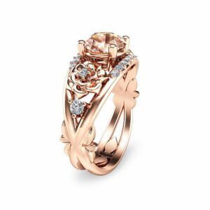 Round Cut Morganite Engagement Ring 14K Rose Gold Morganite Ring Floral Engagement Ring