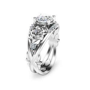Round Cut Moissanite Engagement Ring 14K White Gold Moissanite Ring Floral Engagement Ring