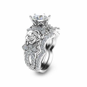 14K Gold Moissanite Engagement Ring Set Unique Moissanite Bridal Ring Set White Gold Flower Engagement Rings