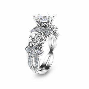 14K White Gold Moissanite Engagement Ring Unique Moissanite Engagement Ring Gold Floral Engagement Ring