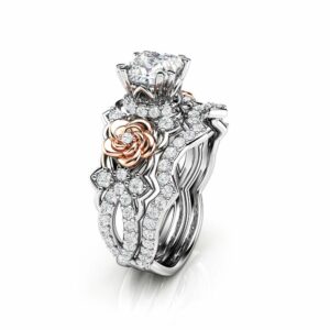 Flower Moissanite Engagement Ring Set Princess Cut Bridal Set 14K White And Rose Gold Rings