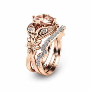 Rose Gold Morganite Bridal Ring Set 14K Rose Gold Flower Engagement Rings Unique Morganite Bridal Rings