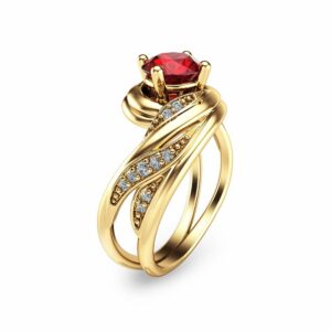 14K Yellow Gold Ruby Engagement Ring Round Cut Natural Ruby Ring Unique Engagement Ring