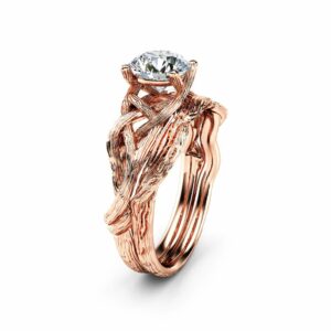 Twig Moissanite Engagement Ring Set 14K Rose Gold Moissanite Rings Unique Branch Matching Rings