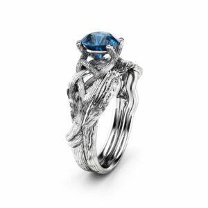 Blue Diamond Twig Engagement Rings 14K White Gold Blue Diamond Set Unique Branch Matching Rings