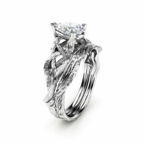 Branch Pear Moissanite Engagement Ring Set 14K White Gold Pear Cut Moissanite Ring Twig Wedding Rings