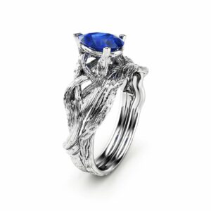 Sapphire Engagement Ring Set Pear Cut Twig Ring 14K White Gold Sapphire Ring September Birthstone