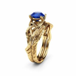 Sapphire Twig Engagement Ring Set 14K Yellow Gold Sapphire Rings Unique Branch Matching Rings