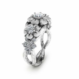 Three Stone Diamond Engagement Ring 14K White Gold Branch Ring Floral Diamond Engagement Ring
