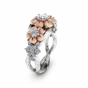 Three Stone Diamond Engagement Ring 14K Two Tone Gold Branch Ring Floral Diamond Engagement Ring