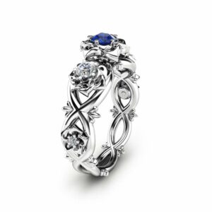 Blue Natural Sapphire Engagement Ring Unique Three Stone Ring in 14K White Gold Flower Design Ring Nature Inspired Ring