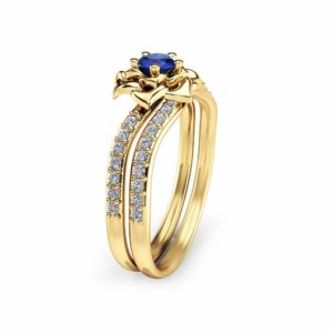 Natural Blue Sapphire Engagement Ring Set 14K Yellow Gold Wedding Set Flower Styled Sapphire Bridal Set Unique Engagement Rings