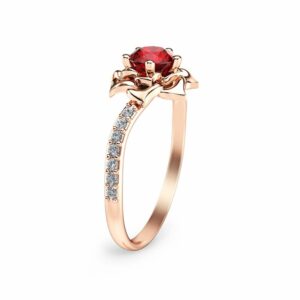 14K Rose Gold Ruby Ring Flower Engagement Ring Unique Ruby Ring