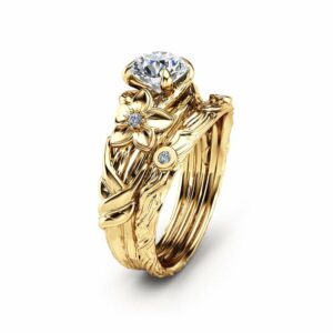 Unique Moissanite Engagement Ring Set Branch 14K Yellow Gold Bridal Set Forever Classic Moissanite Engagement Rings