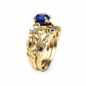 Blue Sapphire Engagement Ring Set 14K Yellow Gold Rings Unique Sapphire Engagement Branch Ring Set