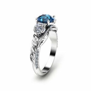 Three Stone London Blue Topaz Ring in 14K White Gold Leaf Engagement Ring Nature Inspired Three Stone Ring Unique Topaz Ring