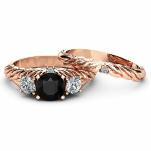 Black Diamond Engagement Ring Set 14K Rose Gold Leaf Engagement Rings Three Diamond Stone Ring with Matching Band