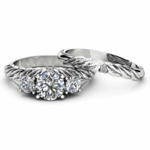 Moissanite Leaf Engagement Ring Set 14K White Gold Three Stone Ring Leaf Engagement Ring with Matching Diamond Band