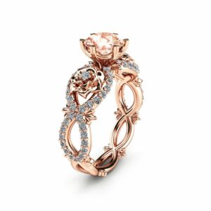 Peach Pink Morganite Engagement Ring in 14K Rose Gold Unique Flower Ring Nature Inspired Morgainte Ring Rose Gold Engagement Ring