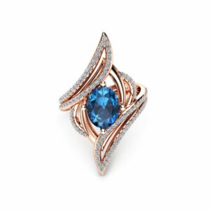 Oval Topaz Cocktail Ring 14K Rose Gold Right Hand Ring London Blue Topaz Cocktail Ring Unique Vintage Ring