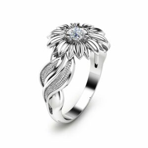 Natural Diamond Sunflower Engagement Ring 14K White Gold Sunflower Ring Solitaire Diamond Ring Unique Engagement Ring
