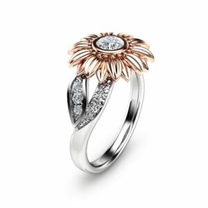Two Tone Gold Sunflower Engagement Ring Sunflower Diamond Ring Unique Engagement Ring Diamond Flower Ring