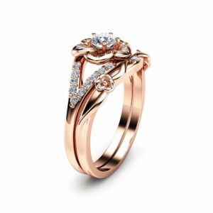 14K Rose Gold Engagement Ring Set Natural Diamond Rings Flower Rose Gold Rings Unique Engagement Rings