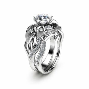 Diamond Wedding Ring Set 14K White Gold Engagement Ring Calla Lily Flower Bridal Set Rings