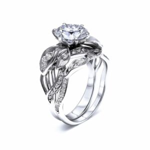 Moissanite Engagement Ring Set 14K White Gold Moissanite Rings Calla Lily Design Engagement Rings