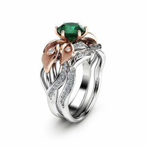 Floral Emerald Engagement Ring Set 14K Two Tone Gold Emerald Ring Calla Lily Engagement Rings Unique Gemstone Ring