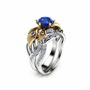 Calla Lily Sapphire Engagement Ring Set 14K Two Tone Gold Rings Sapphire Engagement Ring with Matching Band