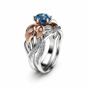 Blue Topaz Engagement Ring 14K Gold Engagement Ring Set Calla Lily Rings Unique Engagement Ring