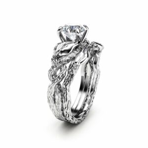 Nature Inspired Moissanite Engagement Ring Set 14K White Gold Engagement Rings Branch and Wedding Moissanite Rings