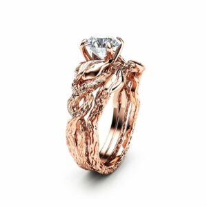 Nature Inspired Moissanite Engagement Ring Set 14K Rose Gold Engagement Rings Branch and Wedding Moissanite Rings