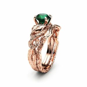 Nature Inspired Emerald Engagement Ring Set 14K Rose Gold Engagement Rings Branch and Wedding Emerald Ring
