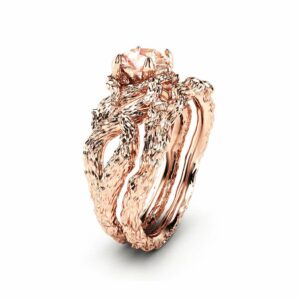 Morganite Branch Engagement Ring Set Unique 14K Rose Gold Morganite Rings Branch Design Engagement Rings