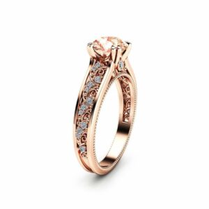 Morganite Vintage Engagement Ring Unique 14K Rose Gold Engagement Ring Diamond Morganite Vintage Ring