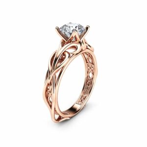 Solitaire Moissanite Engagement Ring 14K Rose Gold Moissanite Ring Swirl Design Engagement Ring
