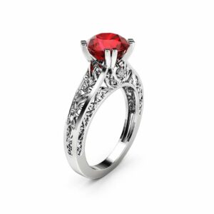 Art Deco Ruby Engagement Ring Unique 14K White Gold Ring Filigree Design Engagement Ring