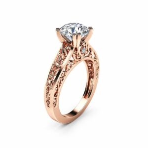 14K Rose Gold Moissanite Engagement Ring Unique 2 Carat Round Cut Moissanite Engagement Ring