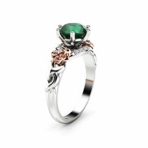 Emerald Floral Engagement Ring 14K Two Tone Gold Floral Ring Art Nouveau Styled Engagement Ring